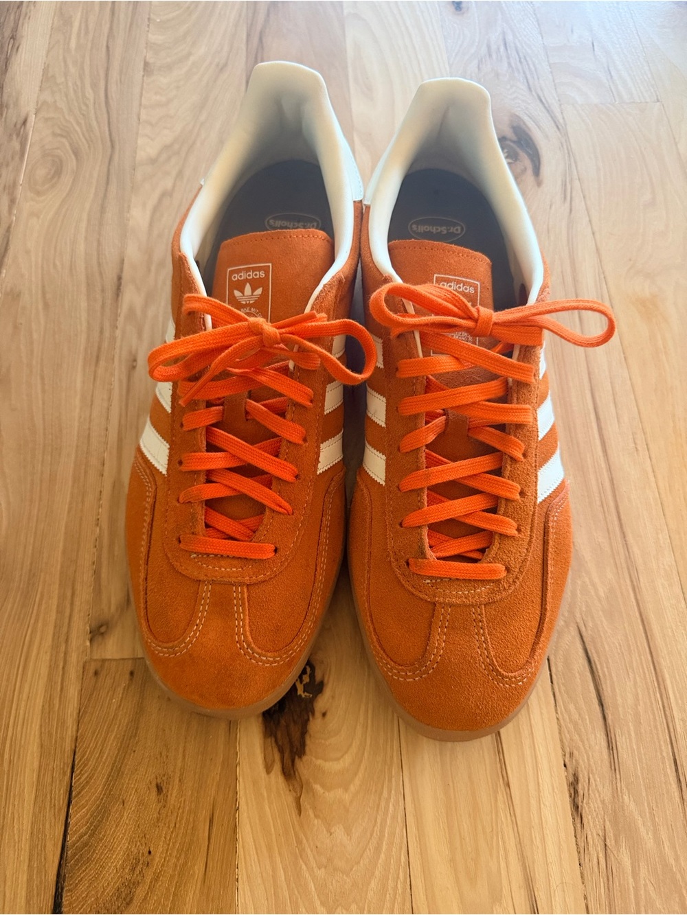 adidas Orange Suede Sneakers with White Stripes